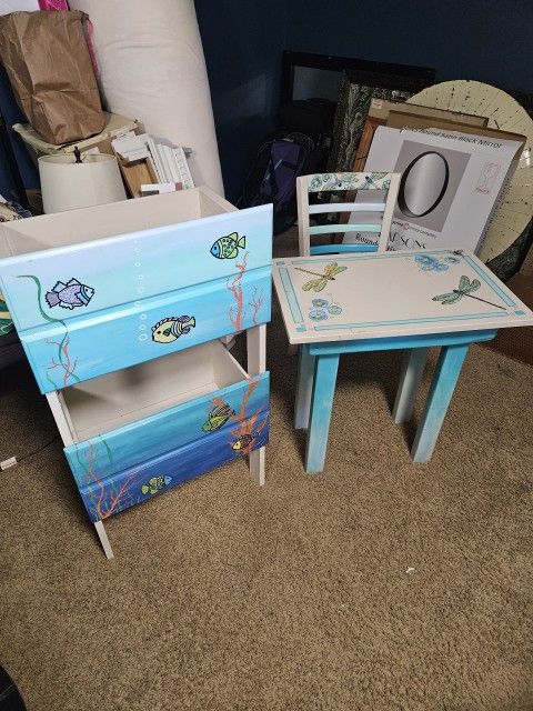 Children's 3 piece Turquoise Table,chair & standing toy chest
