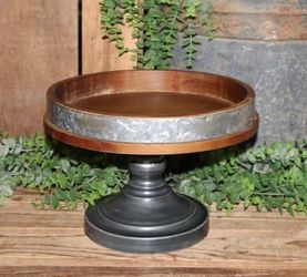 NEW Rustic Wood & Metal Farmhouse Pedestal Decor Riser or Candle Holder Plate