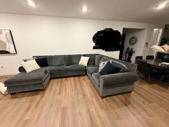 Large Gray Velvet Sectional Sofa with Chaise