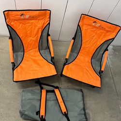 Set Of Two Low Beach Sport Outdoor Foldable Chairs Orange And Grey With Backpack Holder 