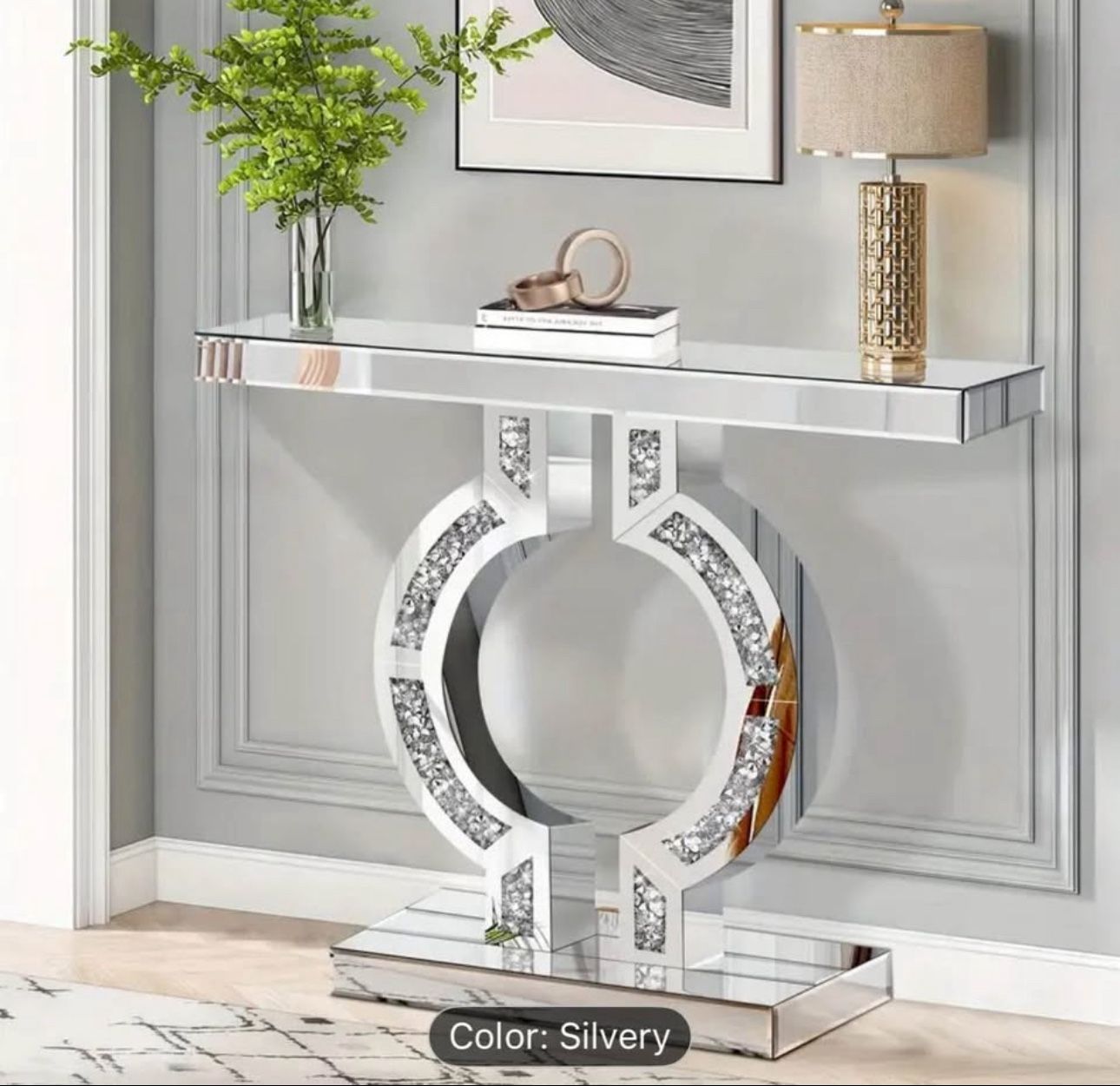 Long Modern Silvery Console Table with Crushed Diamond Inlay