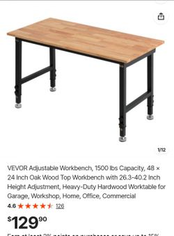 VEVOR Adjustable Workbench, 1500 lbs Capacity, 48 x 24 Inch Oak Wood Top Workbench with 26.3-40.2 Inch Height Adjustment, Heavy-Duty Hardwood Worktabl