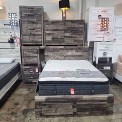 BEDROOM SET, 4 PC QUEEN BED FRAME WITH STORAGE, DRESSER, MIRROR AND NIGHTSTAND -NEW-