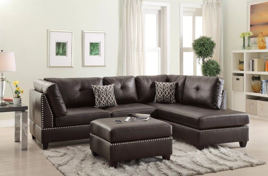Brand New Espresso Leather Sectional Sofa w Ottoman