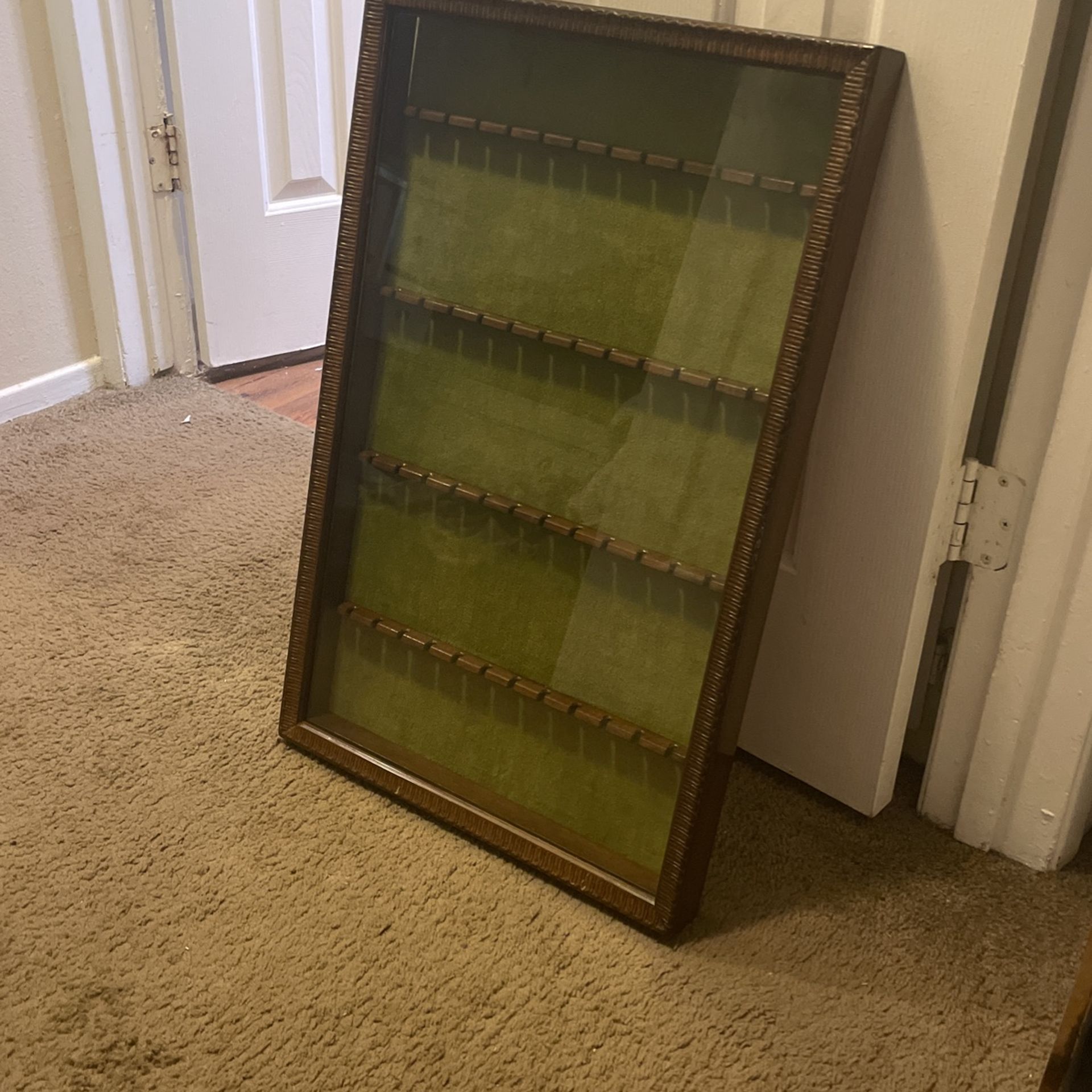 Oak Antique Spoon Display Case With Velvet Backing