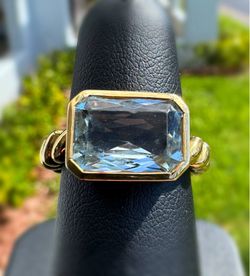 Jewelry 18k solid yellow gold white emerald cut blue aquamarine stone 4.00CTW twisted rope band ring size 6.50