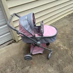 New, Firm, Daydream Multi-Function Single Doll Pram &amp; Stroller - Gray/Pink,