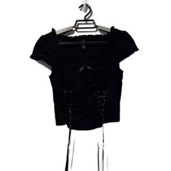 The Grave Girls It’s Over Lace Up Top Sz S Black Stretch Crop Satin Ribbon NWOT
