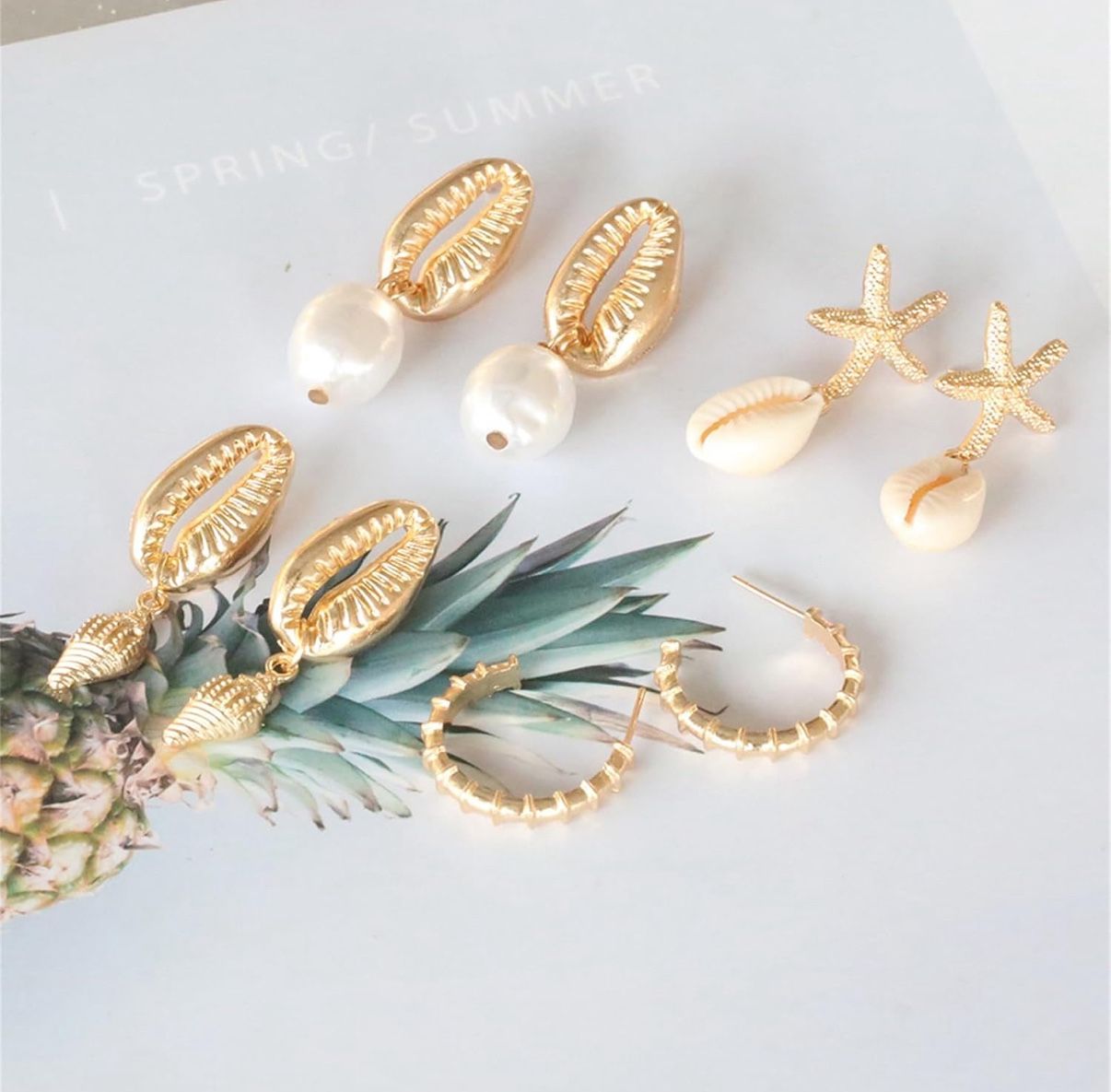 4 Pairs Boho Seashell Conch Earrings Set Gold