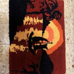 1960s VTG Shag Rug Sailboat w/ Sunset Background Pattern 34" x 24" MCM