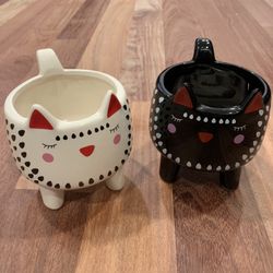 Handmade Ceramic Planter Pots, White and Black Cat Pots