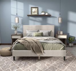 Modern Bed Frame Queen Size with Upholstered Headboard and Corduroy Fabric Cover for Bedroom,