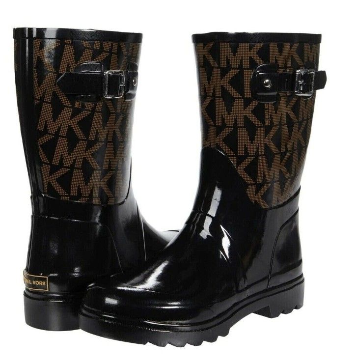 Michael Kors Logo Rubber Rain Boots Black Brown Sz.7