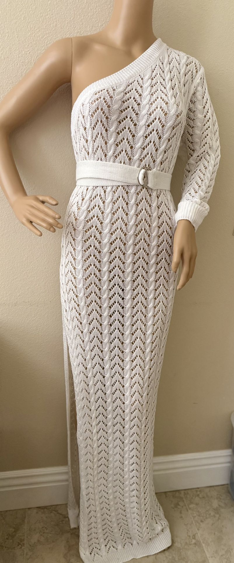 WHITE crochet Knit Sweater Belted Beach Cover Up Maxi Dress