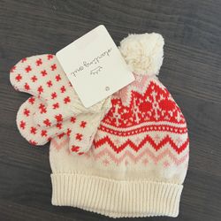 Infant Knit Hat and Mittens by Starting Out Cream Pink And Red 100% Cotton