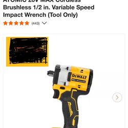DEWALT ATOMIC 20V MAX Cordless Brushless 1/2 in. Variable Speed Impact Wrench (Tool Only)