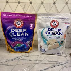 Brand new Arm & Hammer Deep Clean laundry paks in sealed bags. Odor Formula, 32 paks penetrates deep odors and dirt. OR Free & Clear, 32 paks