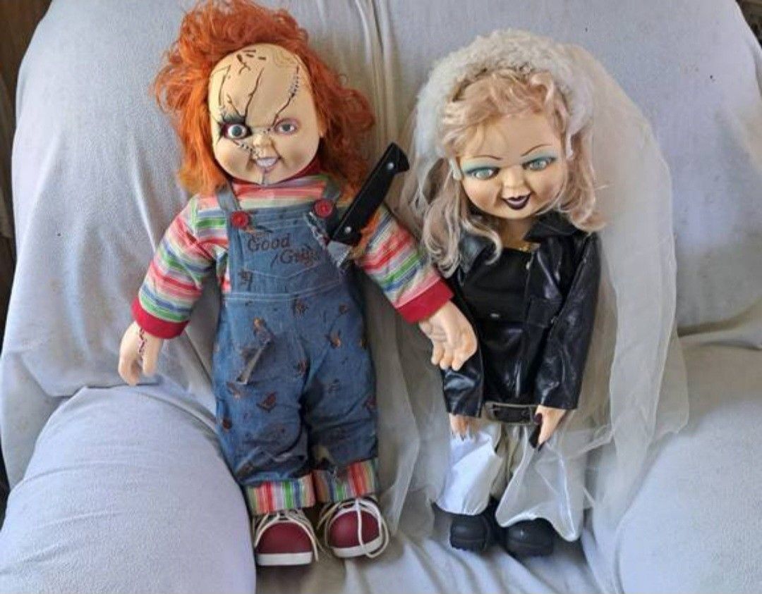 Bride Of Chucky Tiffany (Rare Blue Eyed Blue Makeup Version) and Chucky Toddler SIze Dolls