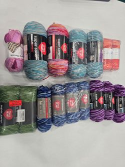 Assorted collection of acrylic yarn features Red Heart Super Saver Jumbo, With Love, and Loops & Threads Impeccable lines. Lot includes various multi-