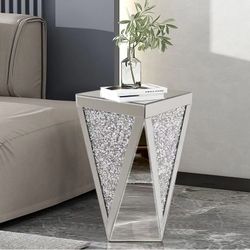 Pregaspor Silver Mirrored End Table, Crystal Inlay Side Table Accent Table, Small Mirrored Coffee Table for Living Room, Bedroom, Corner, 22" H