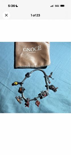 GNOCE Silver charms, Steel bracelet, 8 platinum plated silver & enamel charms