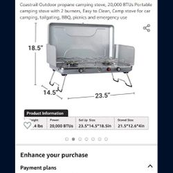 Outdoor propane camping stove, 20,000 BTUs Portable camping stove with 2 burners, Easy to Clean, Camp stove for car camping, tailgating, BBQ, picnics 