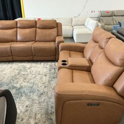 Brown Leather Power Recliner Sofa And Loveseat 