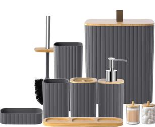 New Bathroom Set - 9PCS Grey Bathroom Accessories Set Toilet Brush Holder Set Soap Dispenser Decorative Countertop Bathroom Accessory Set with Trash C