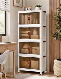 4-Tier Rolling Storage Cabinet with Doors & Wheels – White/Brown