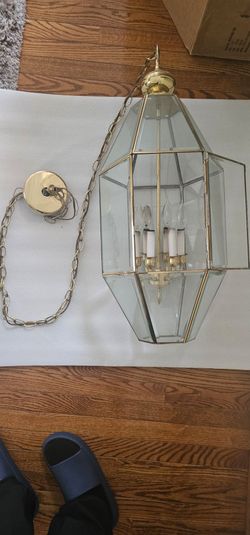 Large Vintage Brass and Glass Lantern Chandelier
