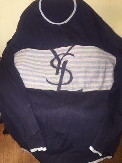 Vintage YSL Sweater Navy Blue With Light Blue Trimmings & Big Logo Size L/xl