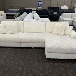 Cream White Corduroy Chaise Sectional 