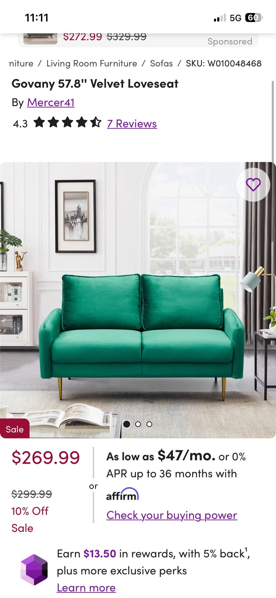 Govany 57.8'' Velvet Loveseat- Emerald Green