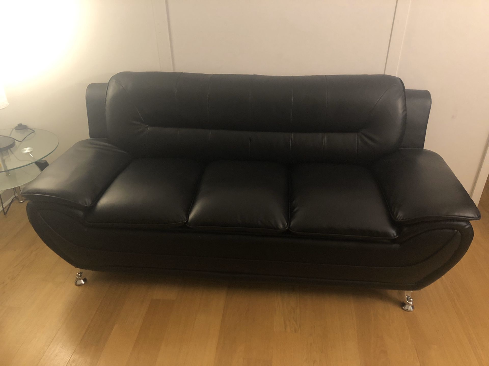 Modern Black Leather Sofa and Chair