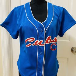 CUBS Baseball Jersey LADY SLUGGER GENUINE MERCHANDISE Raised Logo Blue Sz L EUC