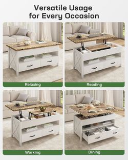 50" Lift Top Coffee Table, 4 in 1 Coffee Table with Hidden Compartment, 1 Open Shelf and 2 Drawers, Multifunctional Farmhouse Center Table for Living 