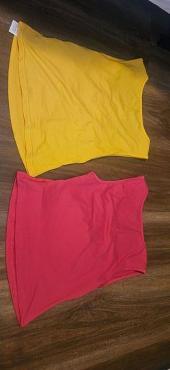 Square neck shirt , hot pink , and yellow size small