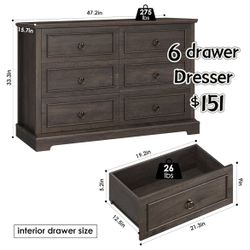 😀 6 Drawer Double Dresser, Modern Farmhouse Chest of Drawers, Wide Dressers Organizer, Accent Wood Storage Cabinet for Living Room, Hallway, Dark Bro