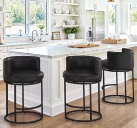 Set Of 3 Black Faux Leather Upholstered Swivel Counter Height Bar Stool with Black Metal Frame