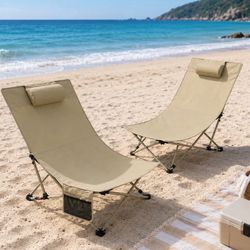 WTVIDAS 2 Pack Beach Chairs Oversized High Back Beach Reclining Chair with Adjustable Backrest Low Folding Camping Chairs for Beach Lawn Outdoor
