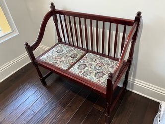 Mahogany Wood Bench with Floral Upholstered Seat