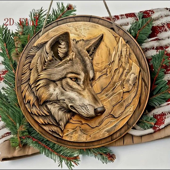Rustic Wolf Spirit Round Wood Plaque