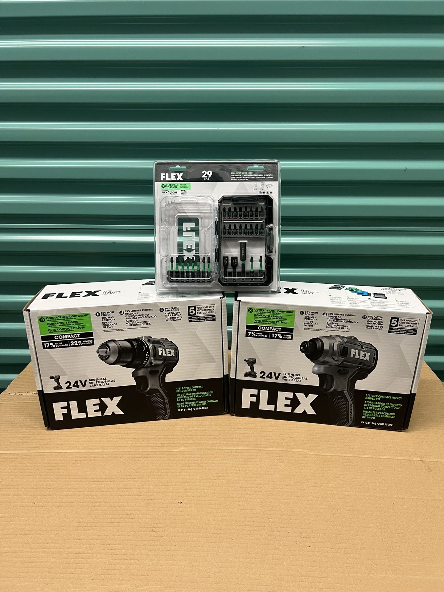 Brand new in the box Flex Compact 24v drill and drill driver. Also including 1/4 impact driver set. Everything is brand new never been opened. Each t