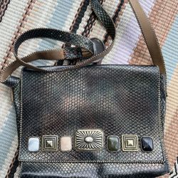 1992 Nina Arjani Leather 12x10" Shoulder Bag Cross Body Metallic Gold Snakeskin