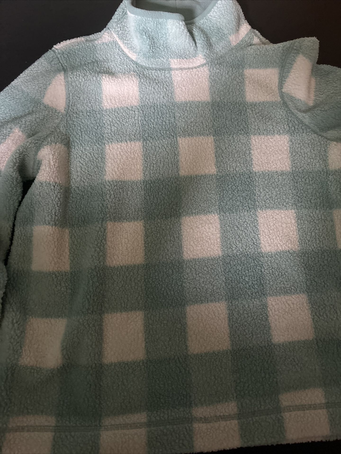 Women’s Medium LL BEAN Fleece Blue White Plaid Turtleneck Pullover Sweater