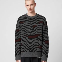 All Saints Tora Tiger Stripe Wool/Yak Blend Crew Neck Men's Sweater Size S ( Oversized Fit  )