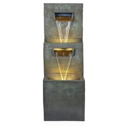 Alpine Corporation 40" Polyresin 2-Tier Modern Polystone Sculptural Fountain With Warm White LED Lights