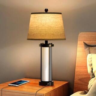 18 in. Black Fabric Lampshade Table Lamp with Dual USB Charging Ports (2-Pack)