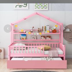 Twin Size House Bed With Trundle And Storage Shelves, Wood Playhouse Bed Frame W/Roof Design, Montessori Bed For Kids Teens Girls & Boys, No Box Sprin