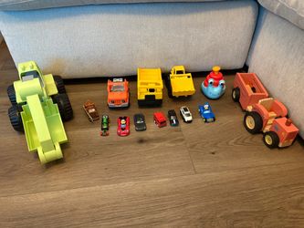 Assorted Toy Vehicles - Trucks, Cars, and Tractor